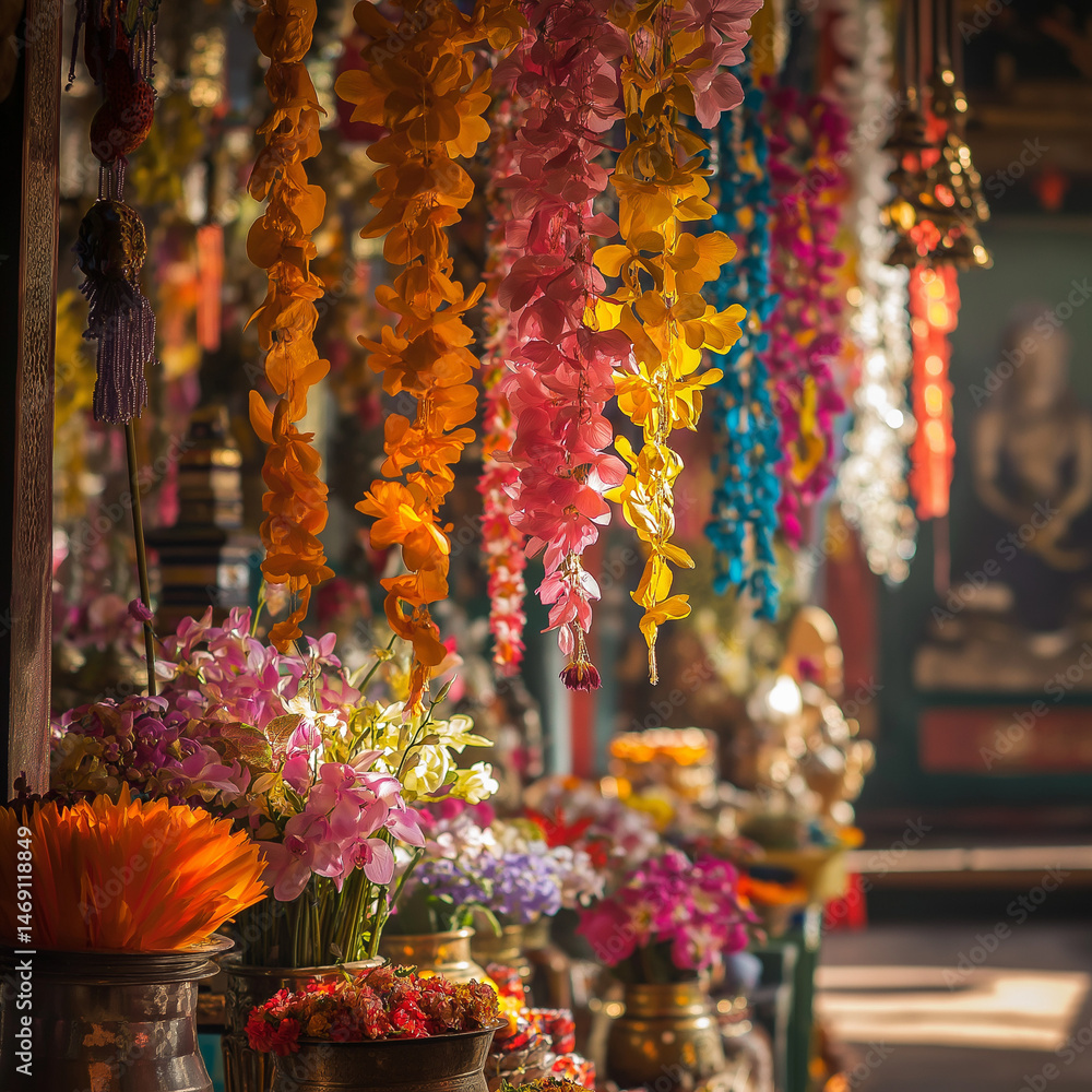Naklejka premium Flower Arrangements and Offerings on the Altar of a Buddhist Temple