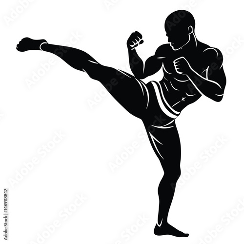 Silhouette shows muscular man powerfully executing a kick during intense combat sport session