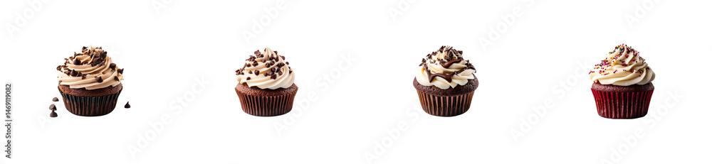 Four decadent chocolate cupcakes with frosting assortment, cut out transparent Four decadent chocolate cupcakes with frosting assortment, cut out transparent
