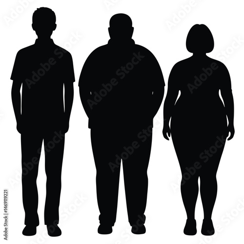 Three people's black silhouette stands facing forward, representing diverse body types and shapes together