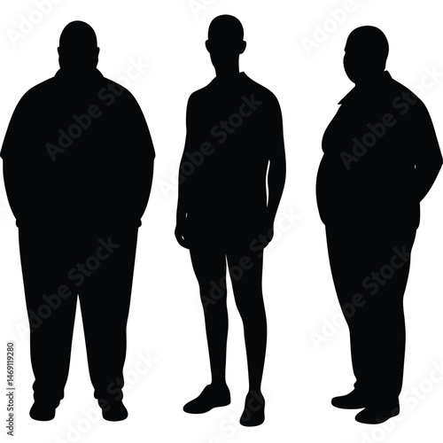 Three silhouettes depict a thin man standing between two obese men wearing casual clothes