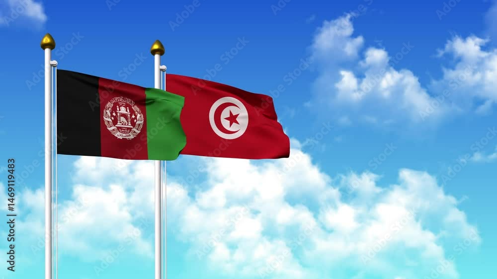 Waving flags of AFGHANISTAN and TUNISIA on pole included with alpha channel Waving flags of AFGHANISTAN and TUNISIA on pole included with alpha channel