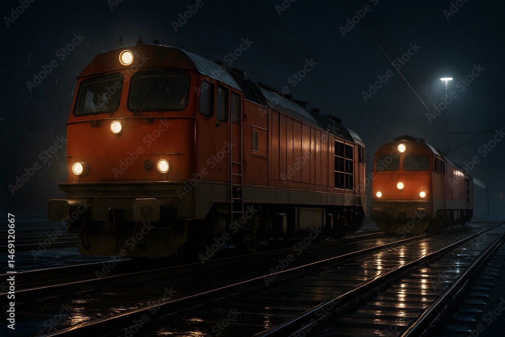 Fototapeta premium Red Train Engines at Night on Wet Tracks – Rainy Railway Scene with Dramatic Lighting