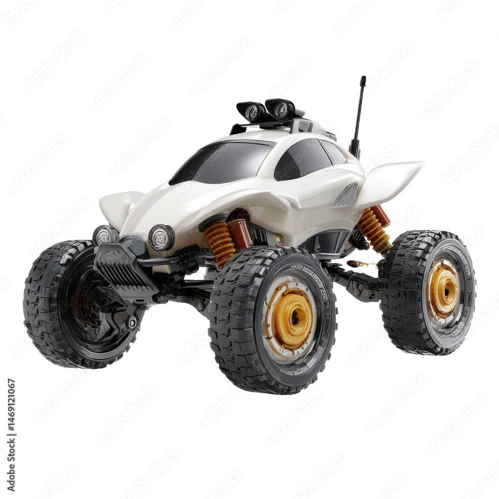 Children's toys concept. Sleek remote-controlled car with oversized wheels and a futuristic design. Children's toys concept. Sleek remote-controlled car with oversized wheels and a futuristic design.