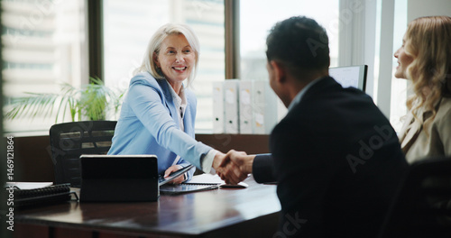 Wallpaper Mural Business, woman and handshake with couple in office for finance consultation, debt management and welcome. Financial advisor, mature person and shaking hands in meeting for insurance planning or help Torontodigital.ca