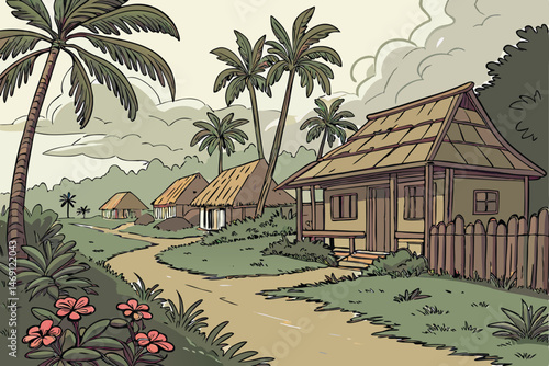 45 detailed tropical village with thatched roofs, dirt road, palm trees, colorful flowers, cloudy sky, vibrant colors, intricate details, digital painting, fantasy art style