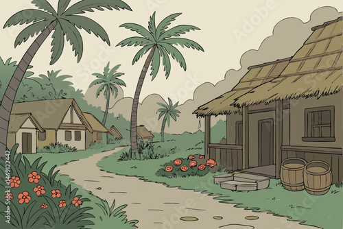 45 detailed tropical village with thatched roofs, dirt road, palm trees, colorful flowers, cloudy sky, vibrant colors, intricate details, digital painting, fantasy art style