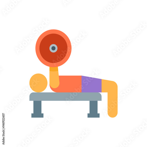 Illustration of a person lying on a bench press lifting a barbell in a gym for strength training exercise