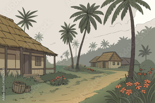45 detailed tropical village with thatched roofs, dirt road, palm trees, colorful flowers, cloudy sky, vibrant colors, intricate details, digital painting, fantasy art style