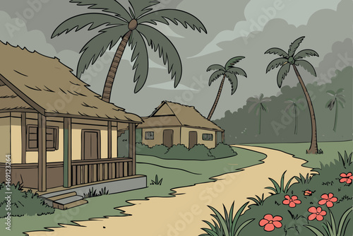 45 detailed tropical village with thatched roofs, dirt road, palm trees, colorful flowers, cloudy sky, vibrant colors, intricate details, digital painting, fantasy art style