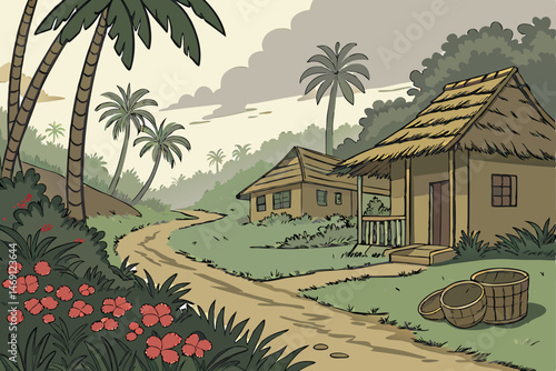 45 detailed tropical village with thatched roofs, dirt road, palm trees, colorful flowers, cloudy sky, vibrant colors, intricate details, digital painting, fantasy art style