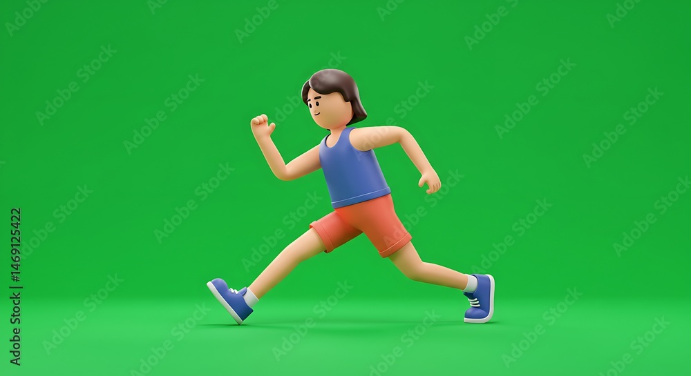Fototapeta premium cartoon slim person jogging or stretching, active lifestyle icon, centered on green screen 