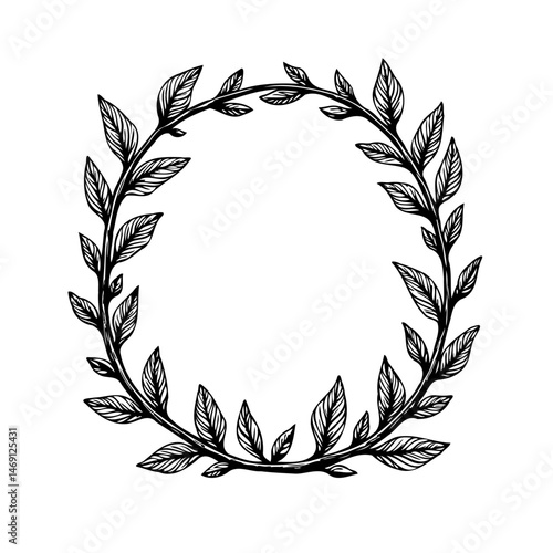 Elegant Leafy Circle Frame in Black and White for Design or Illustration