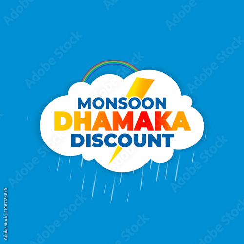 Monsoon Dhamaka Discount Logo. Rainy cloud with Sale, offer deals promotion concept design.