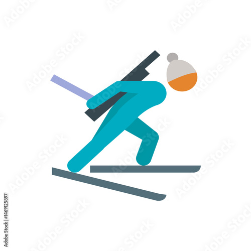 Stylized biathlete in teal with rifle and hat skiing on gray skis in a flat vector illustration style