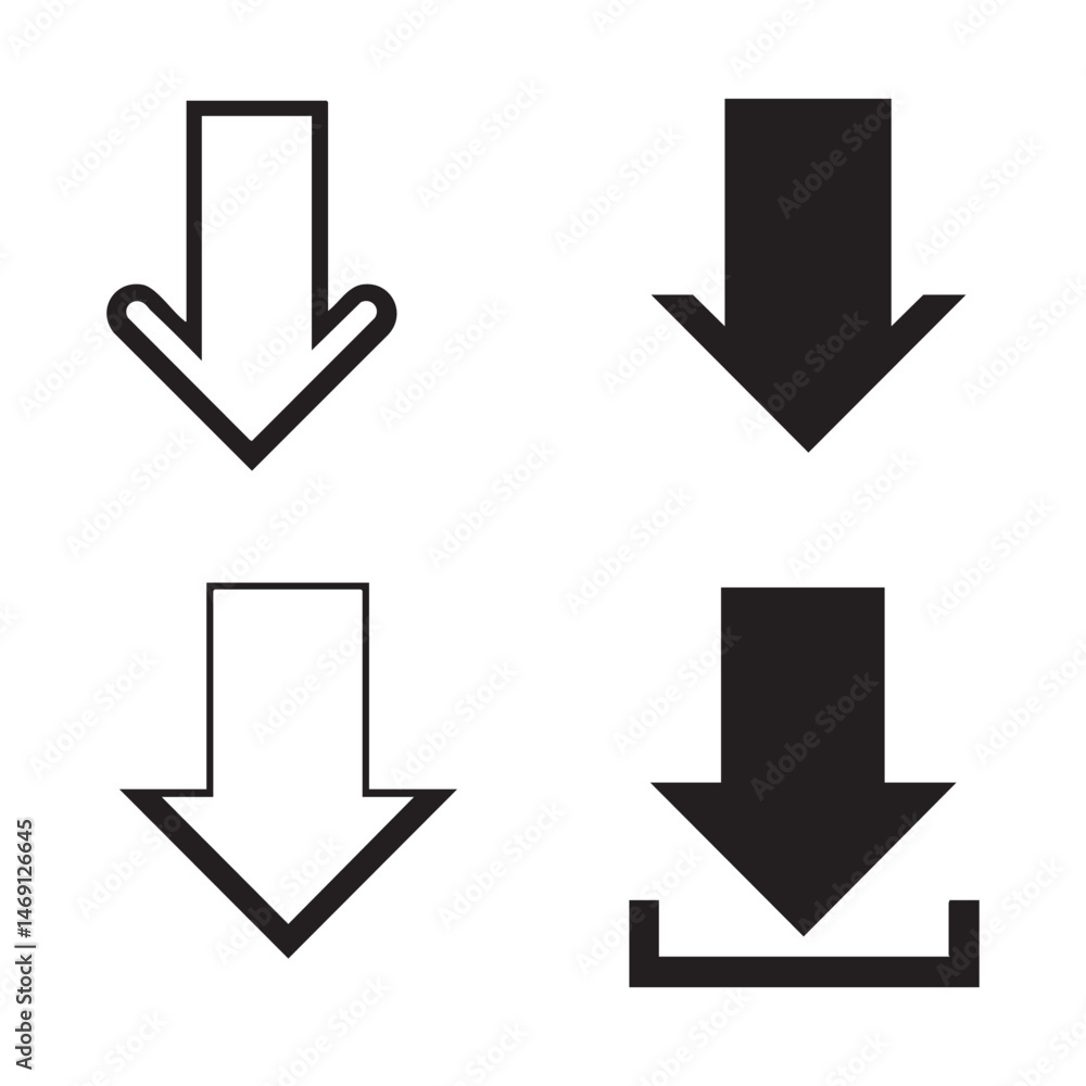 Set of down arrow silhouette icons on white background Set of down arrow silhouette icons on white background