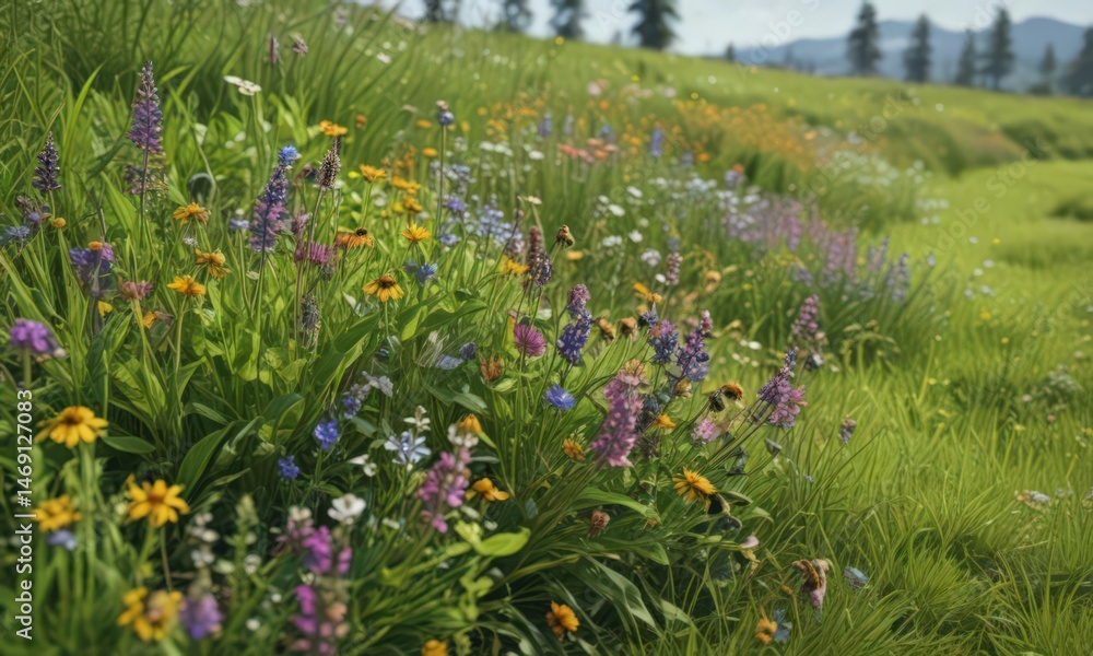 Obraz premium Vibrant wildflowers, buzzing bees, lush green grass border , macro, vibrant