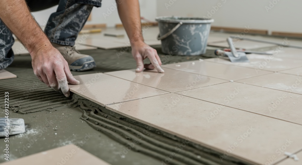 Construction worker laying tiles on a freshly prepared floor Construction worker laying tiles on a freshly prepared floor