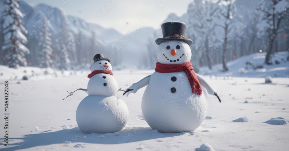Fototapeta premium Frosty snowman amidst snowy expanse, winter gear scattered, frozen, snowman, blue
