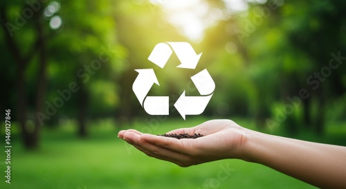 Hand holding soil with recycle symbol