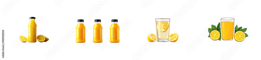 Fresh Lemonade Set, Glass Bottles, Green Leaf, Slice, cut out transparent Fresh Lemonade Set, Glass Bottles, Green Leaf, Slice, cut out transparent