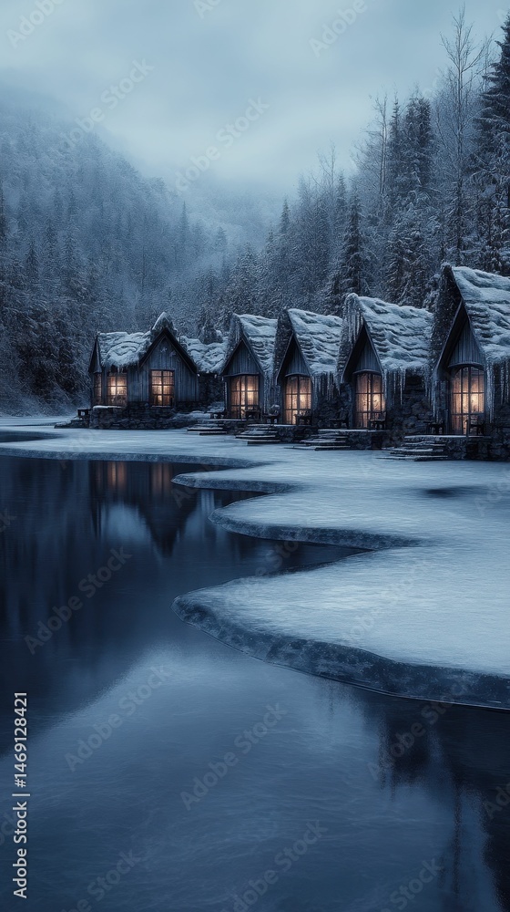 Fototapeta premium Snow-covered cabins, winter lake, tranquil scene.