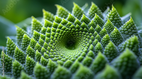 Succulent plant displaying geometric spiral pattern in vibrant green, natural mathematical Fibonacci sequence in botany closeup