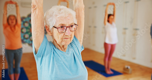 Canvastavla Senior woman, yoga or stretching with class for holistic health, mindfulness or wellness