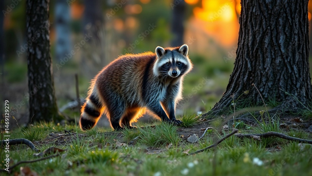 Obraz premium Ein neugieriger Waschbär im Sonnenuntergangslicht zwischen Bäumen, natürliches Waldambiente, authentisch fotografiert.