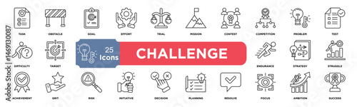 Challenge icon collection set. Containing task,obstacle,goal,effort,trial,mission,contest,competition,problem,test and difficulty icon. Simple line vector.