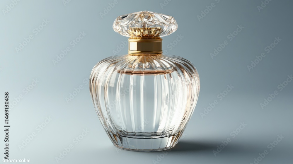 Elegant clear glass perfume bottle with gold accents Elegant clear glass perfume bottle with gold accents