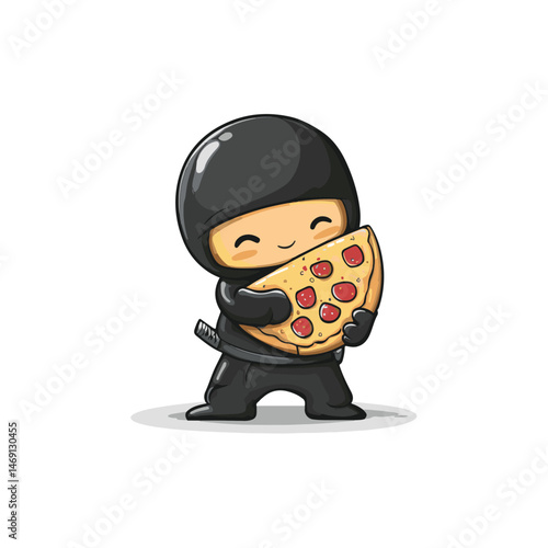 cute ninja mascot hugging pizza