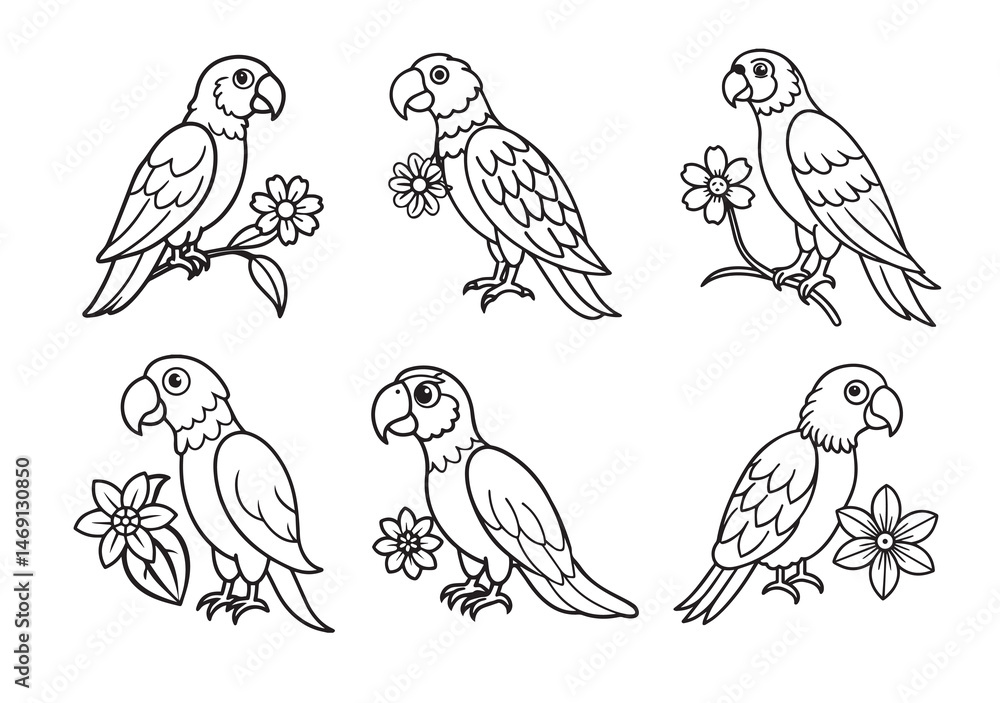 Obraz premium Parrot With Flower Coloring Page Vector Set