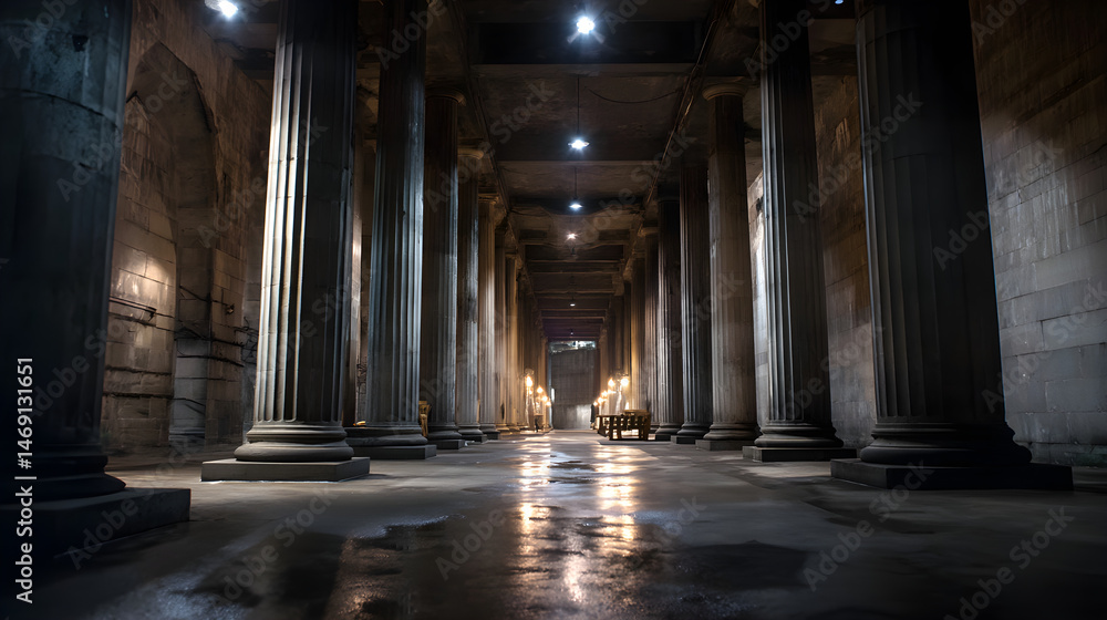 Obraz premium Dark concrete hallway lined with heavy pillars