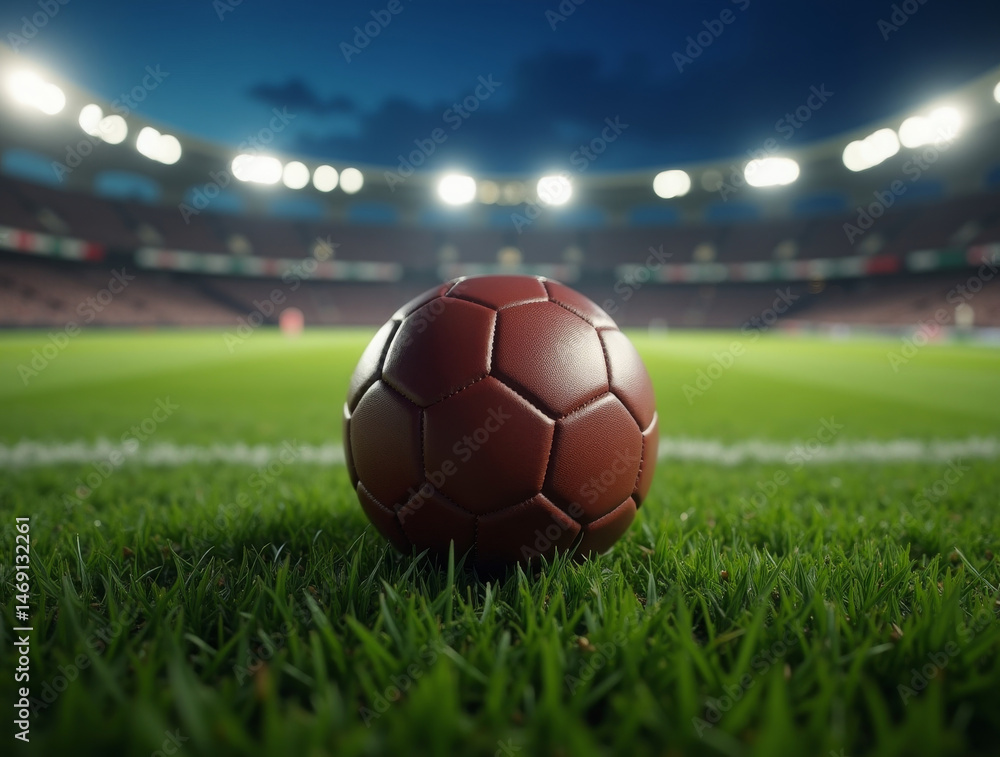 Fototapeta premium classic leather soccer ball resting on a lush green field, with stadium lights illuminating the background