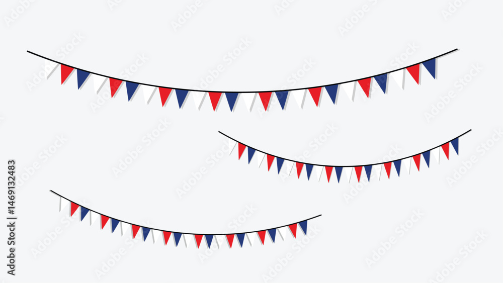 Fototapeta premium Red White and Blue Pennant Bunting Flags Hanging on String Isolated on White Background