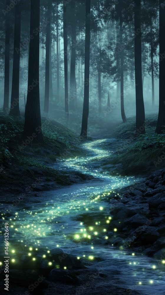 Obraz premium Glowing stream flows through a dark, misty forest.