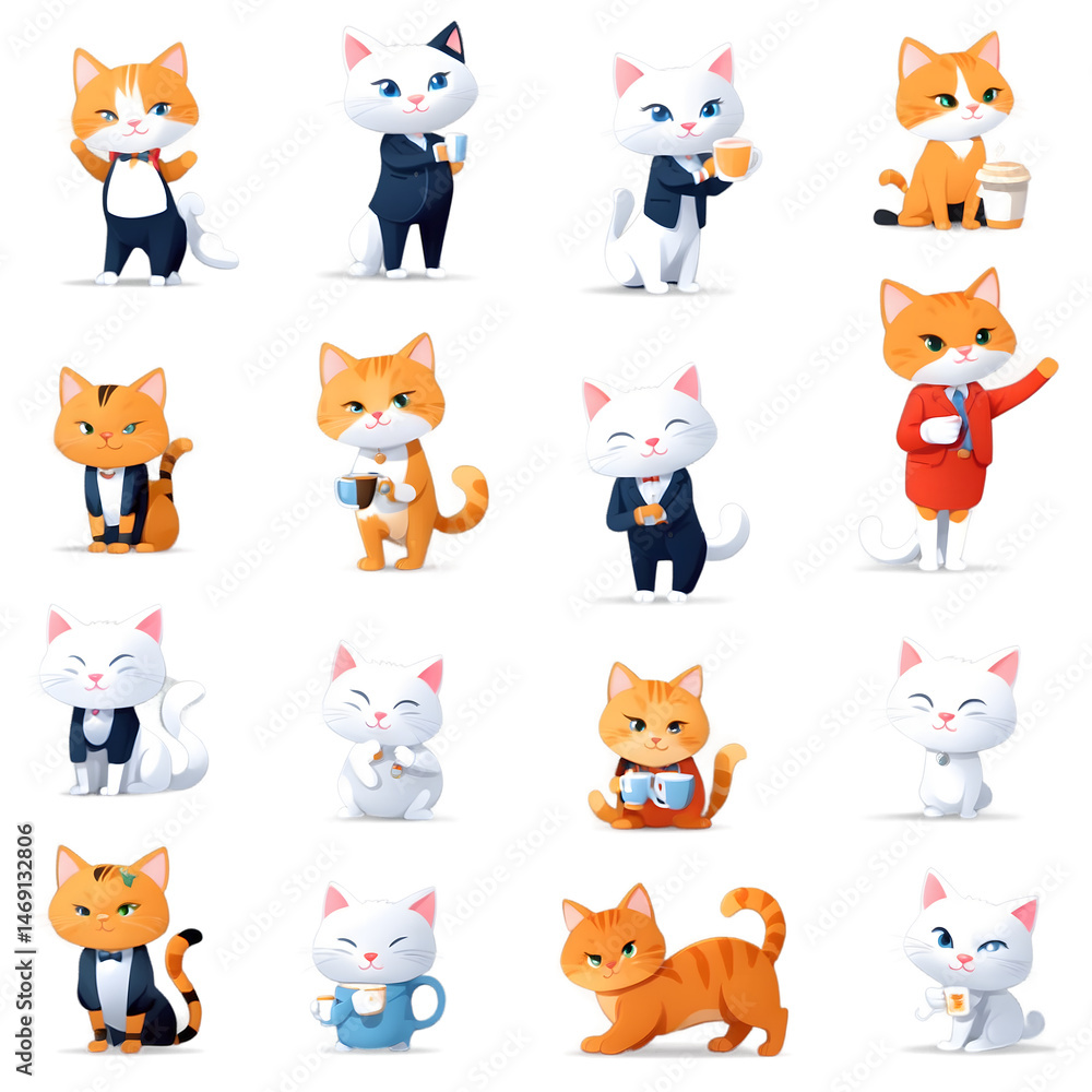 Obraz premium Cartoon Cats in Business Attire with Coffee