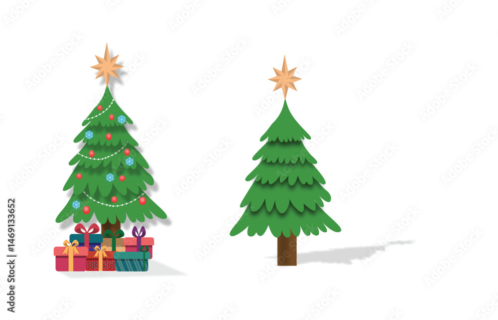 Decorated and Undecorated Christmas Tree with Star and Gifts Isolated on White Background Decorated and Undecorated Christmas Tree with Star and Gifts Isolated on White Background