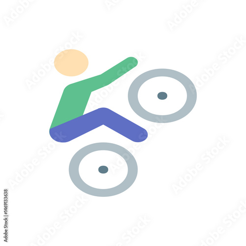 Illustration of a stylized person doing a wheelie on a bicycle with a green shirt and blue pants on white