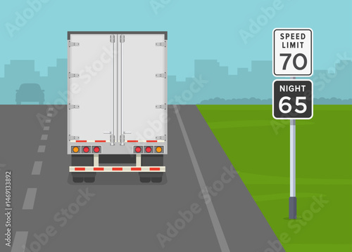 Traffic regulation rules and tips. United States "daytime and nighttime speed limit" road sign area. Back view of a truck on motorway. Flat vector illustration template.