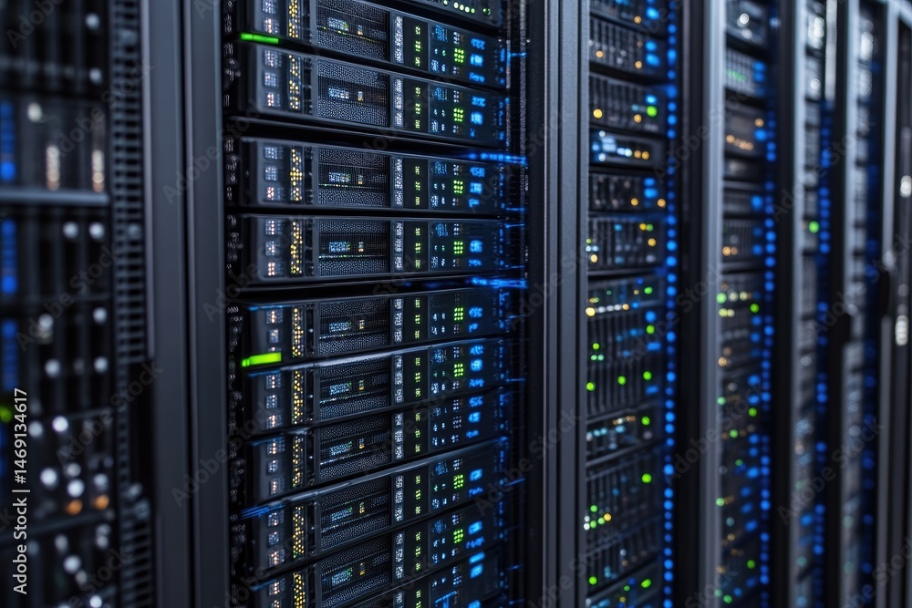 Server racks filled with network equipment, glowing lights Server racks filled with network equipment, glowing lights