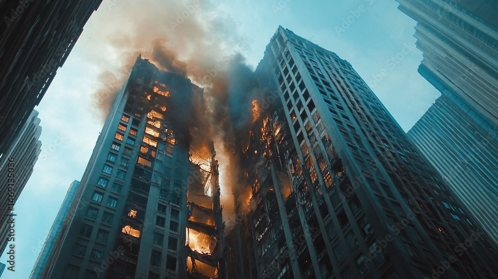 Fototapeta premium Inferno in the City: A Skyscraper Engulfed in Flames and Billowing Smoke