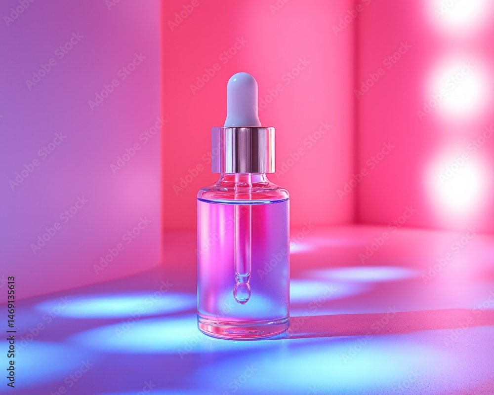Glass dropper bottle with colorful lighting effects in a minimalist setting Glass dropper bottle with colorful lighting effects in a minimalist setting