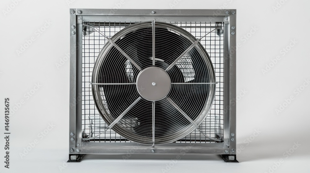 Industrial ventilation fan enclosed in a metal cage Industrial ventilation fan enclosed in a metal cage