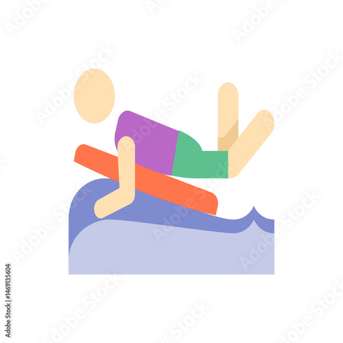 Illustration of a person lying on a surfboard in the water with a purple shirt and green shorts on a wave