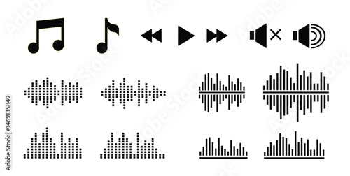 Music and Audio Interface Icon Set – Notes, Controls, Waveforms, and Equalizers
