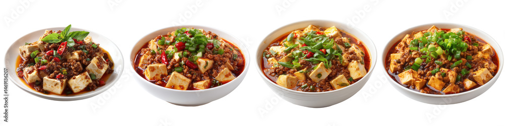 Mapo Tofu, Spicy tofu with ground pork and chili bean sauce, Sichuan Dish, isolated on white background or Transparent PNG Mapo Tofu, Spicy tofu with ground pork and chili bean sauce, Sichuan Dish, isolated on white background or Transparent PNG