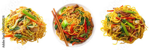 Chow Mein Noodles, Stir-fried egg noodles with vegetables and meat, Takeout Staple, isolated on white background or Transparent PNG