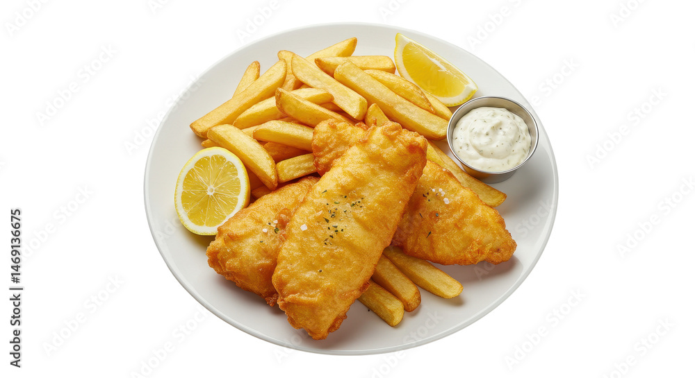Crispy fried fish and chips served on a plate. isolated on transparent png Crispy fried fish and chips served on a plate. isolated on transparent png